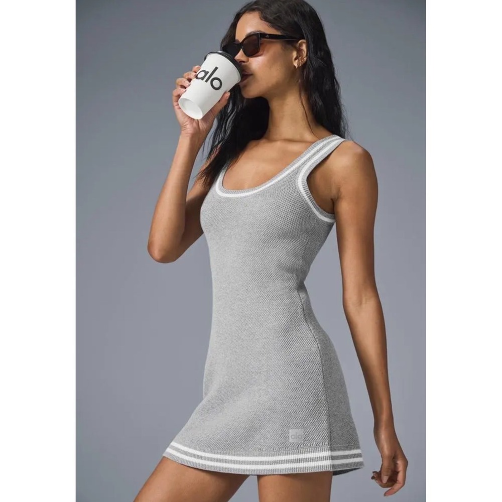 Alo Yoga Womens Dress M Tennis Club Sweater Knit Athletic Heather Grey White NEW